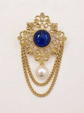 Vintage Style Gold Tone Filigree Blue Cabochon Faux Pearl Dangle Chain Brooch